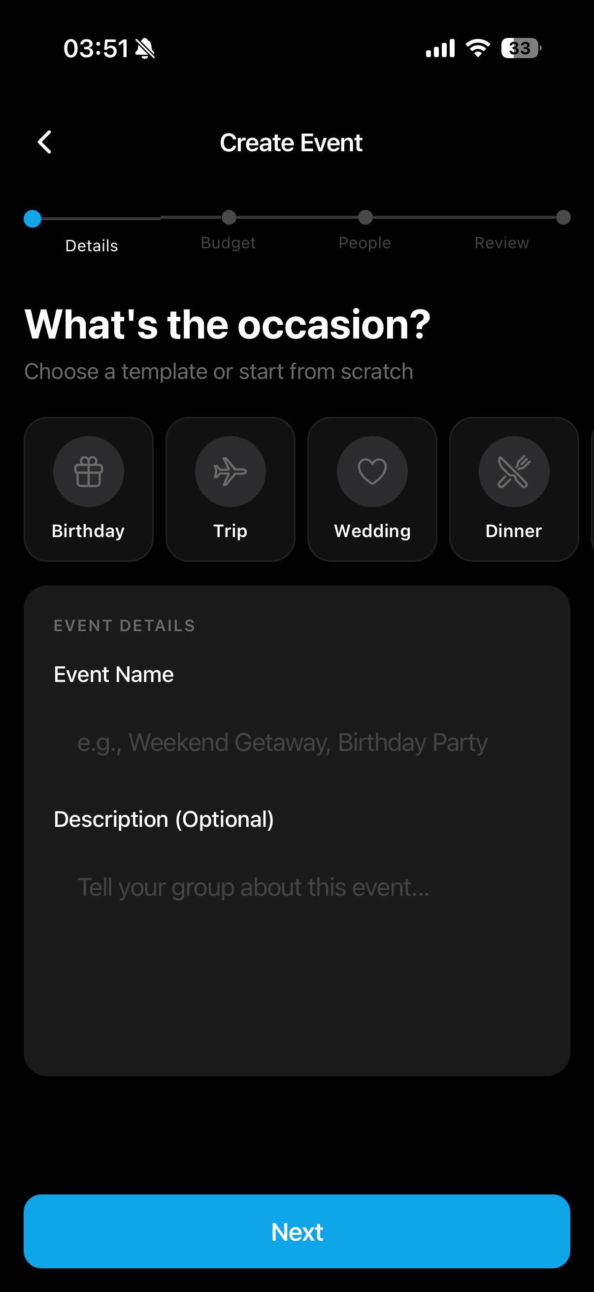 Create Event - Choose occasion and event details