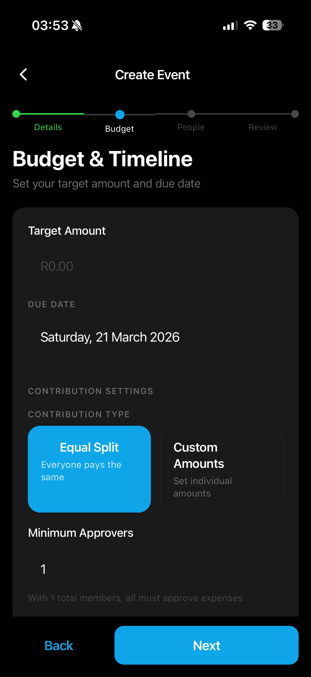 Create Event - Budget and contribution settings