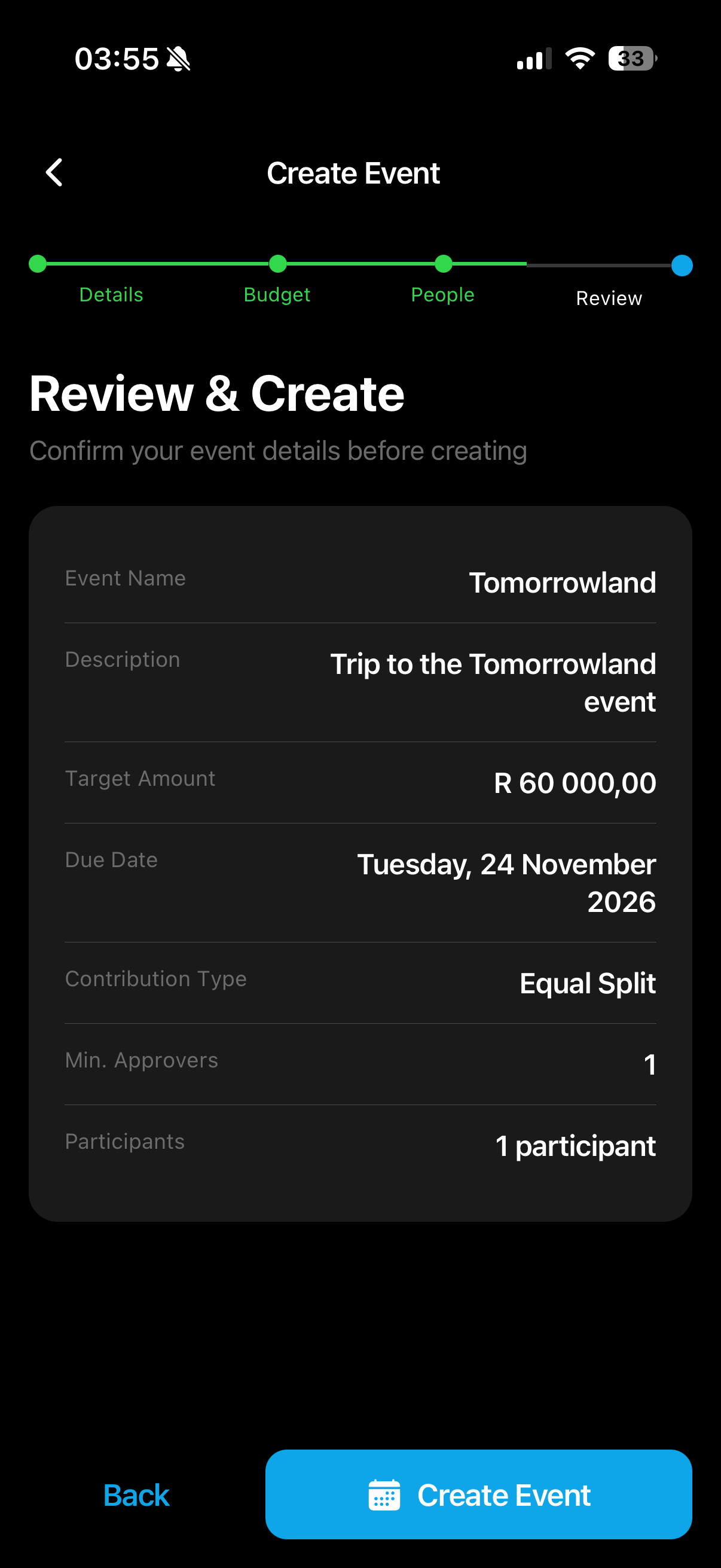 Create Event - Review and create